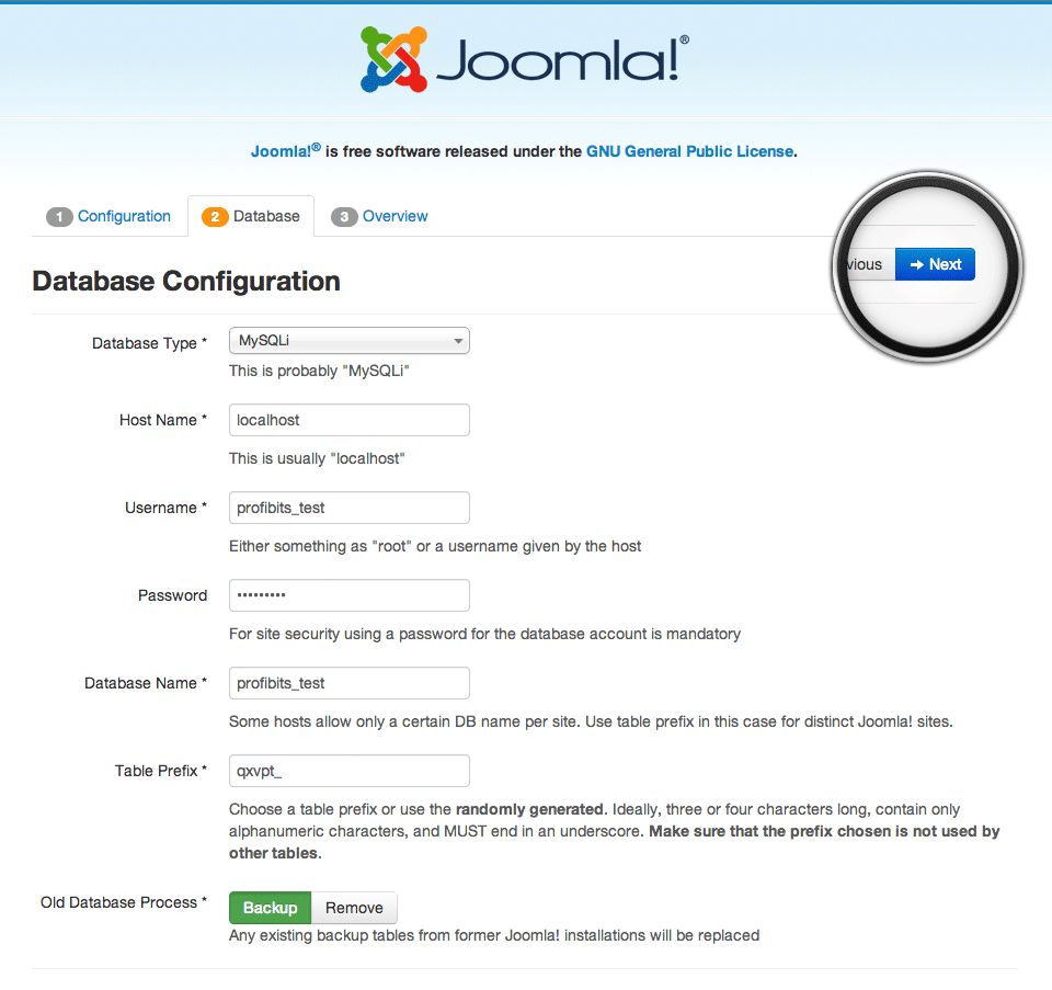 Joomla Database configuration