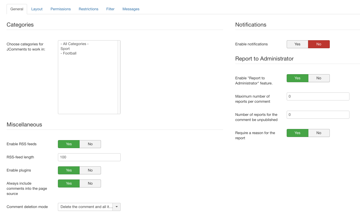 JComments settings - General tab