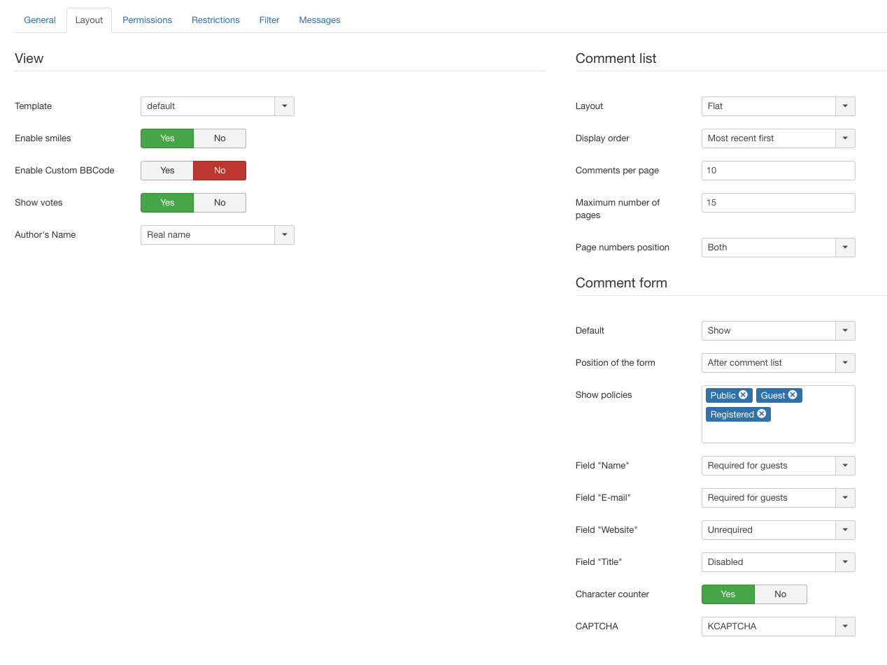 JComments settings - Layout tab