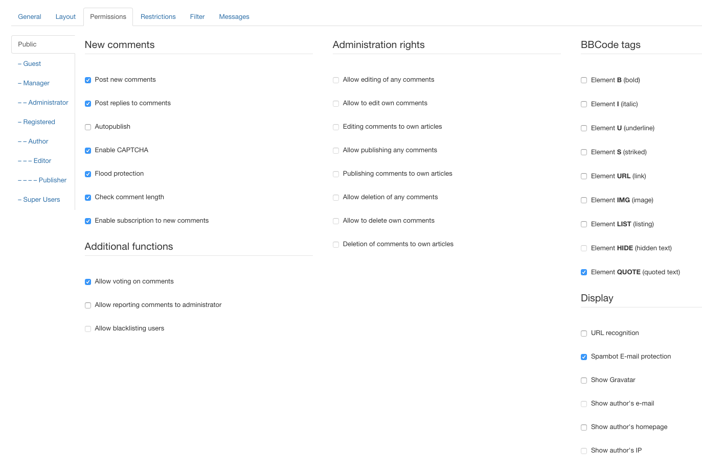 JComments settings - Permissions tab