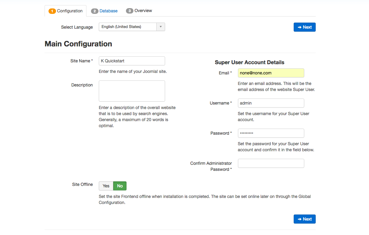 Joomla installation - Step 1