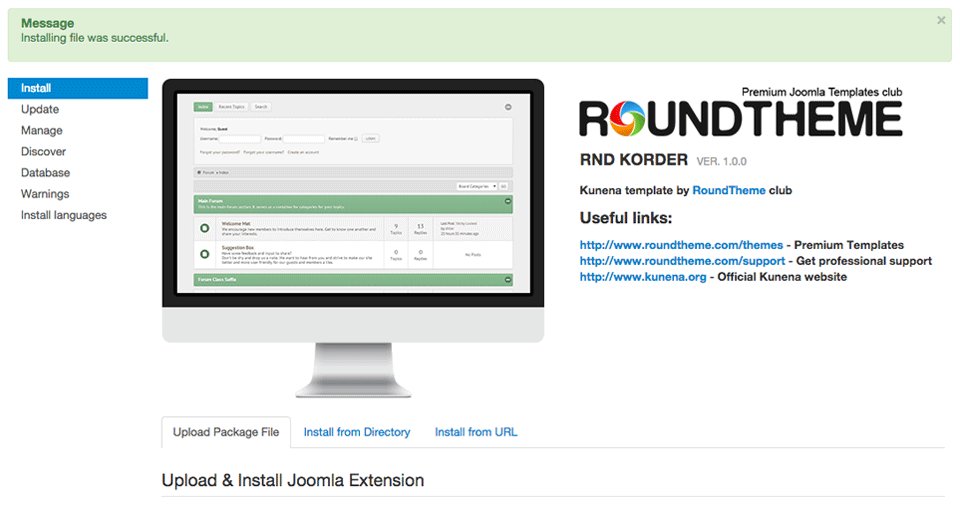 Successful insallation of Kunena template by RoundTheme